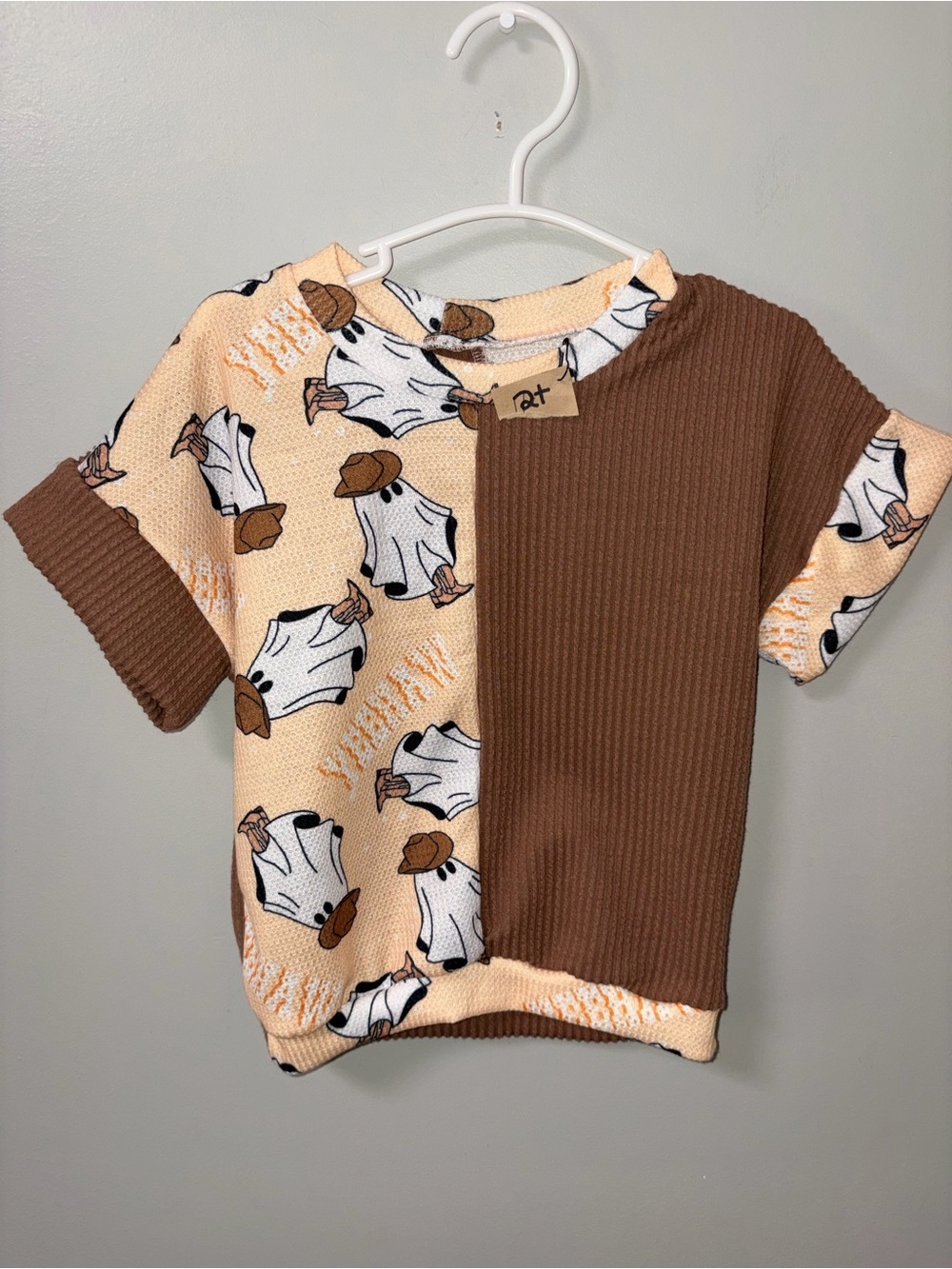Handmade Halloween Ghost Yeehaw Cowboy Color Block Top Ribbed Knit 2T Unisex